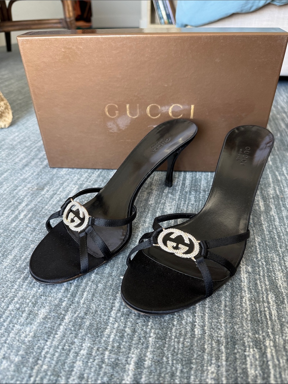 Gucci Black Satin Crystal Interlocking G Heeled Slides